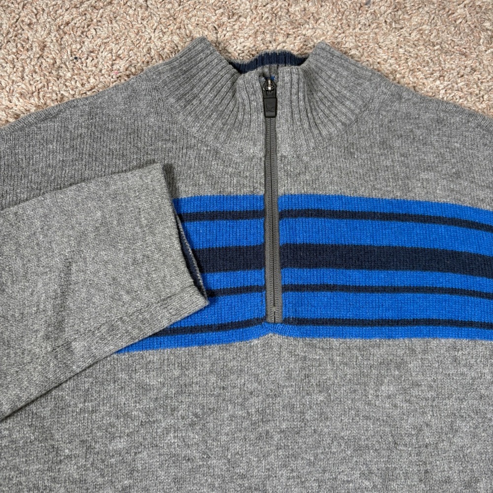 Eddie Bauer Mens Quarter Zip Wool Blend Striped Sweater Grey Blue Large L